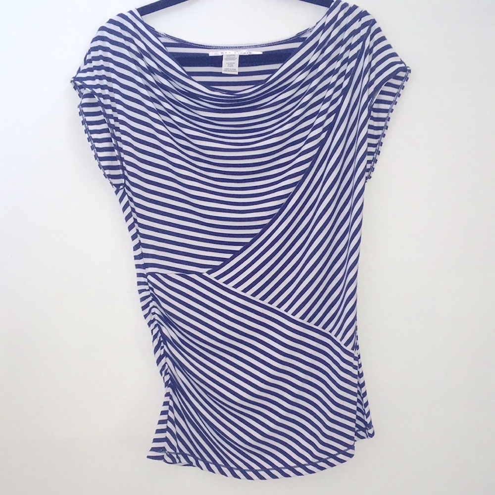 Max Studio Navy&White Striped Short sleeve Top Size L - Picture 1 of 3